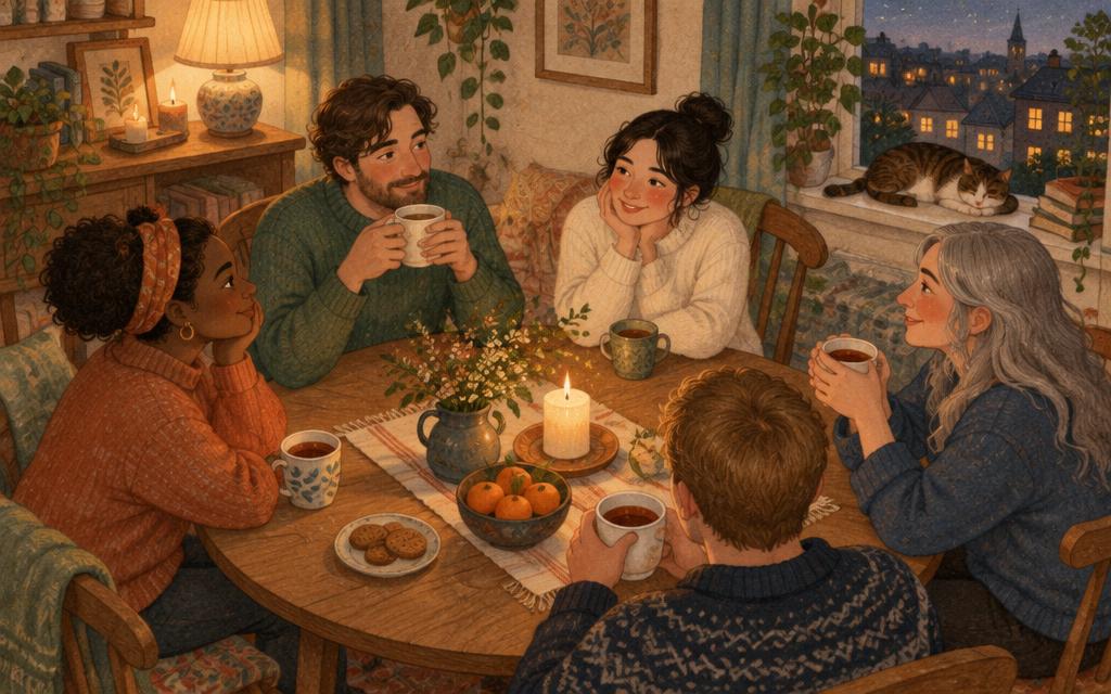 People sharing warm drinks around a lamplit table