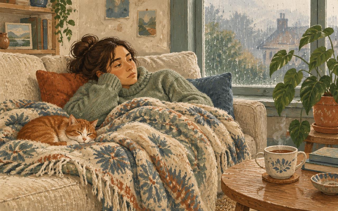 A person resting on a sofa under a blanket with a cat