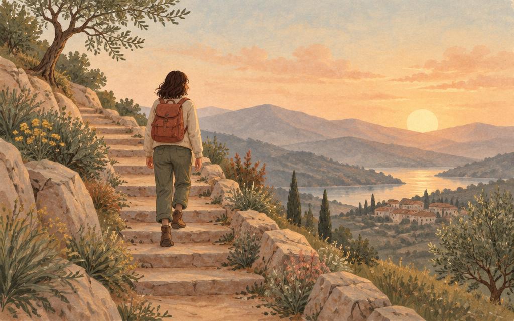 Someone taking gentle, unhurried steps up a lit path at dawn